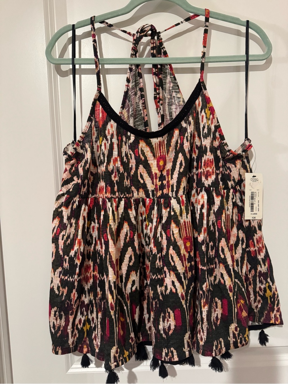 a.n.a Black Multicolor Ikat Halter Tank Top with Tassel Trim